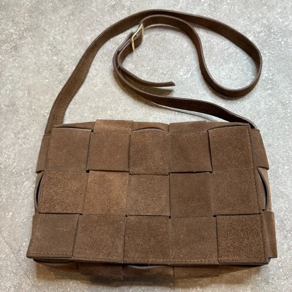 Isadora Woven Suede Leather Made in Italy Crossbody Purse in brown mousse - Picture 1 of 11
